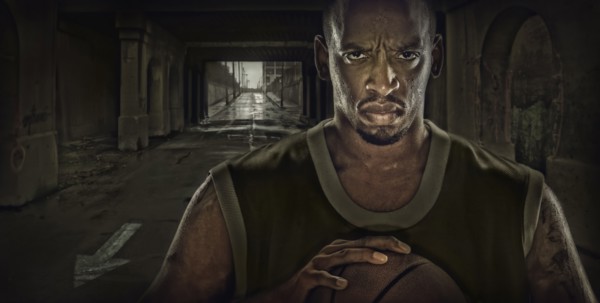 Illustration of African American basketball player standing in tunnel