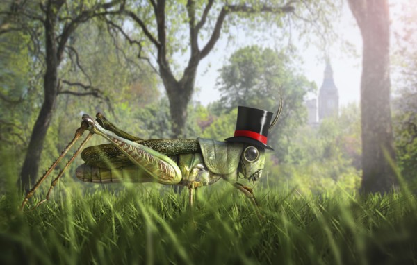 Illustration of cricket wearing monocle and top hat