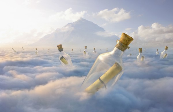 Messages in bottles floating in clouds