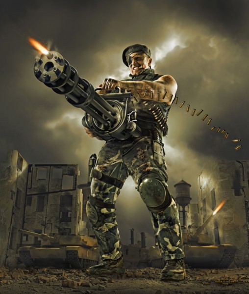 Illustration of soldier firing machine gun outdoors