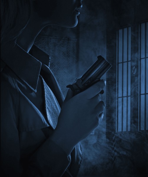 Silhouette of woman holding gun in dark room