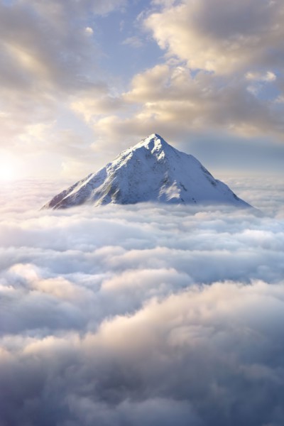 Snow-covered mountaintop above clouds