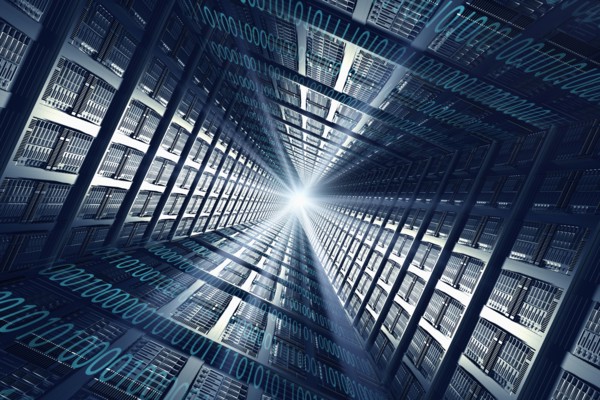 Light shining from binary code and computer servers