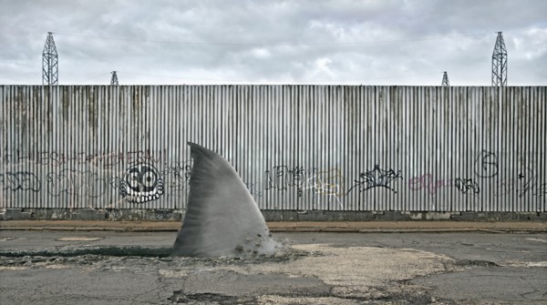 Shark fin swimming in dilapidated city street