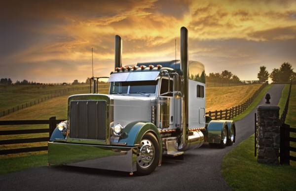 Semi-truck at driving on rural road