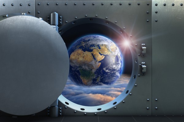 Open vault door revealing earth above clouds