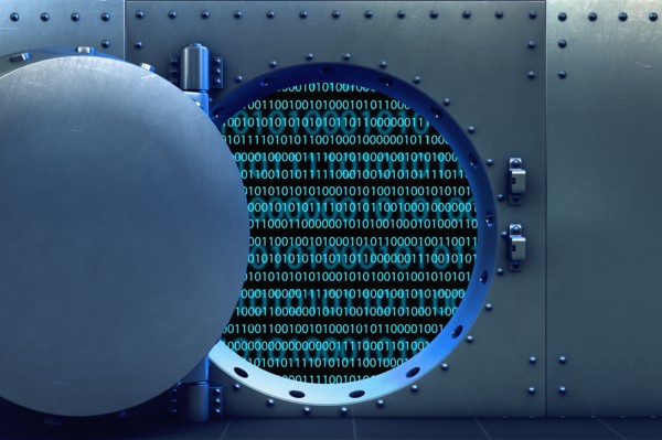 Open vault door revealing binary code