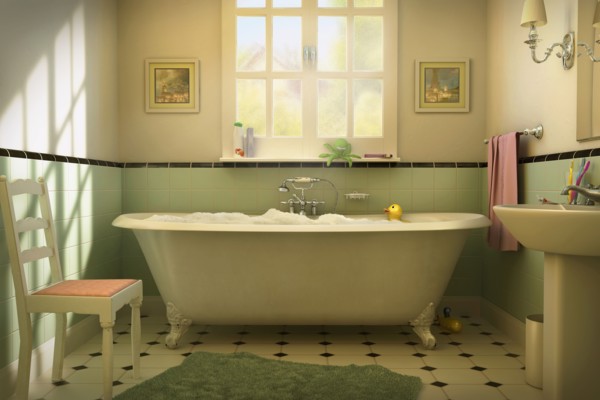 Rubber duck floating in bubble bath