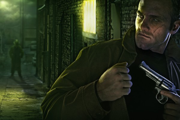 Suspicious man with scar on face holding gun in alley