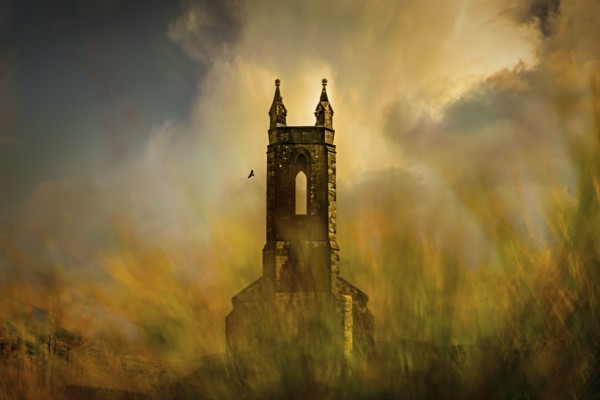 Castle tower behind grass