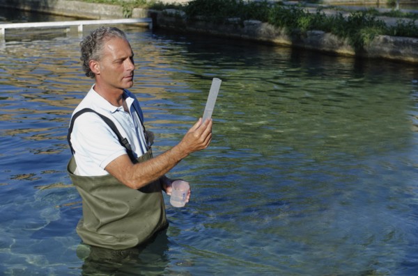 man in wading trousers checking water sample