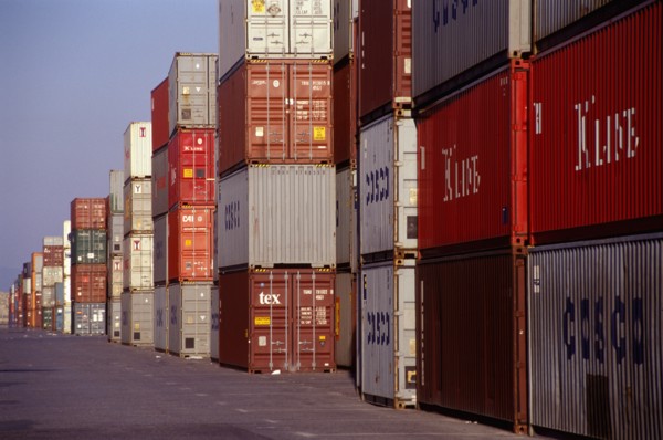 Stacked Lines of Cargo Containers at a Docks