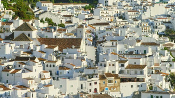 Aerial view of white buildings in cityscape