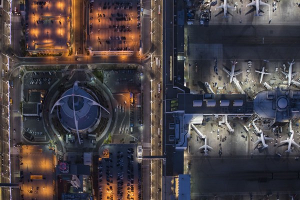 Aerial view of airplanes parked in airport gate