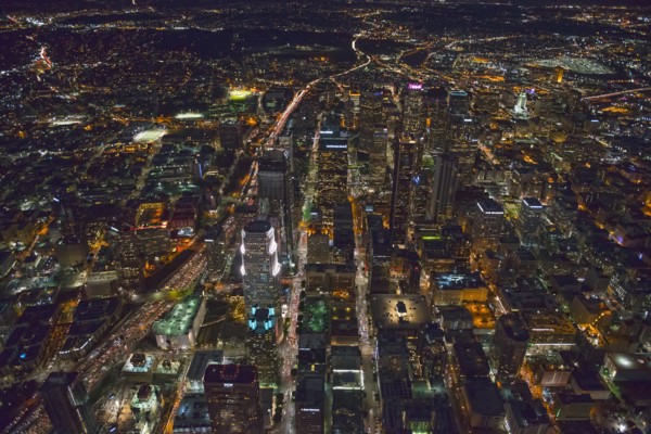 Aerial view of Los Angeles cityscape lit up at night