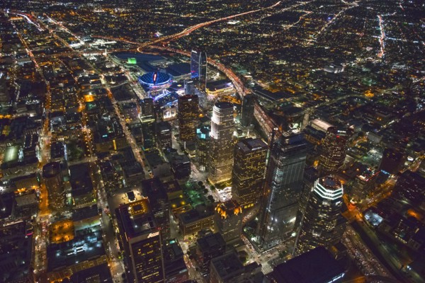 Aerial view of Los Angeles cityscape lit up at night