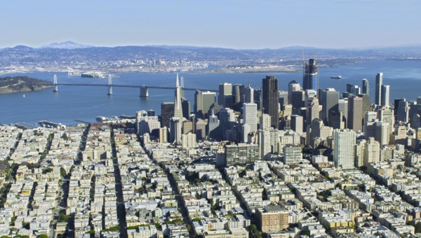 Aerial view of cityscape and bridge
