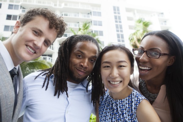 Business people smiling outdoors