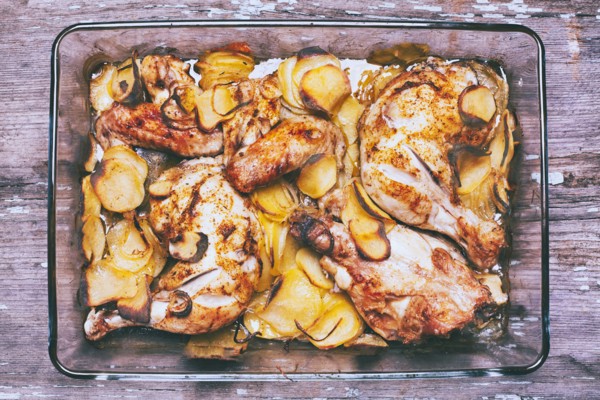 Potato and chicken casserole in baking dish