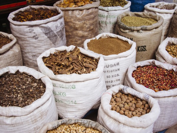 Sacks of spices for sale in market