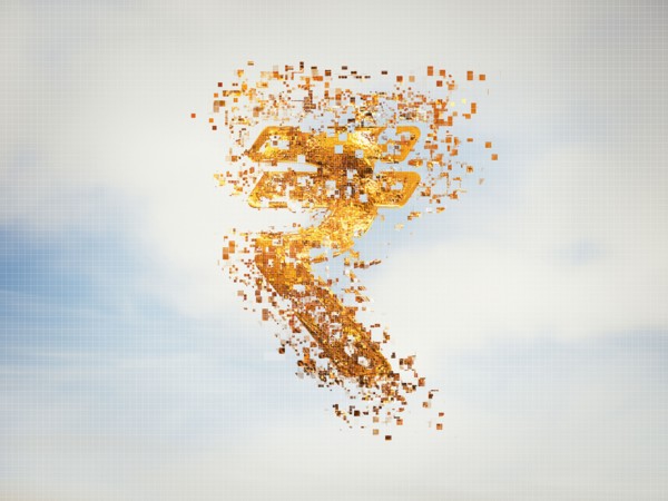 Pixelated rupee sign in sky