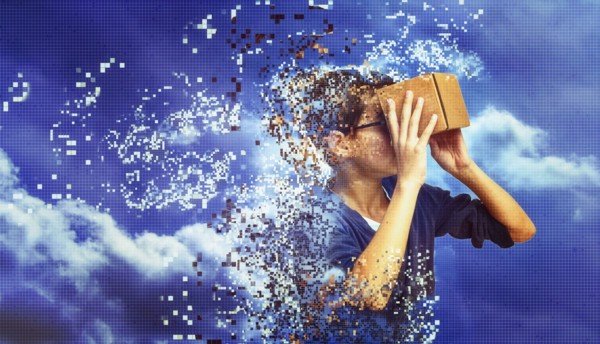 Dissolving mixed race boy peering in box