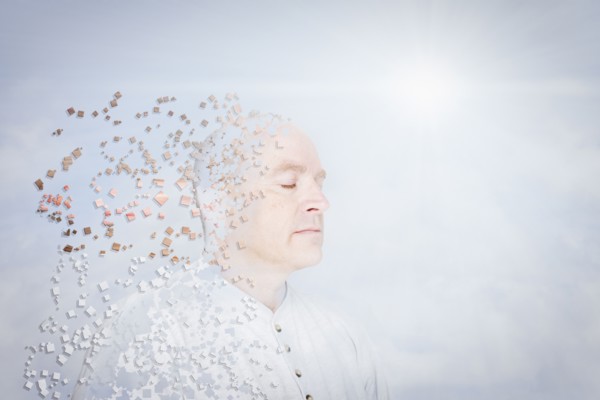 Pixelated Caucasian man in blue sky