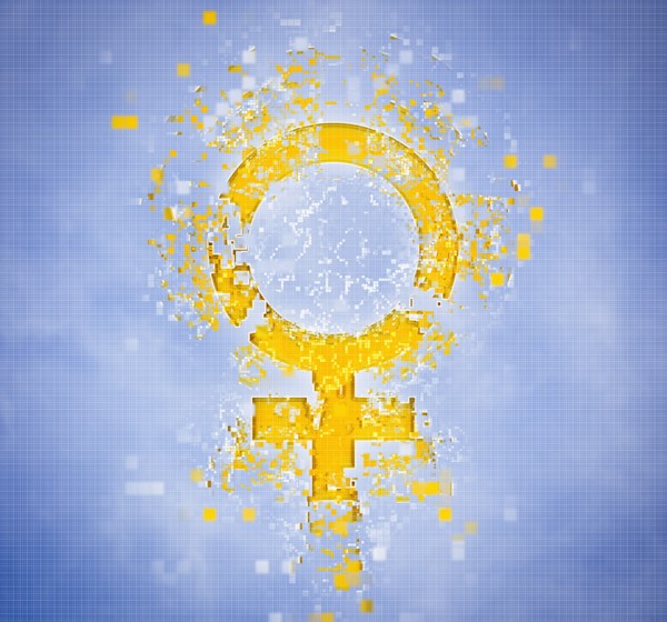 Pixelated female symbol on blue background