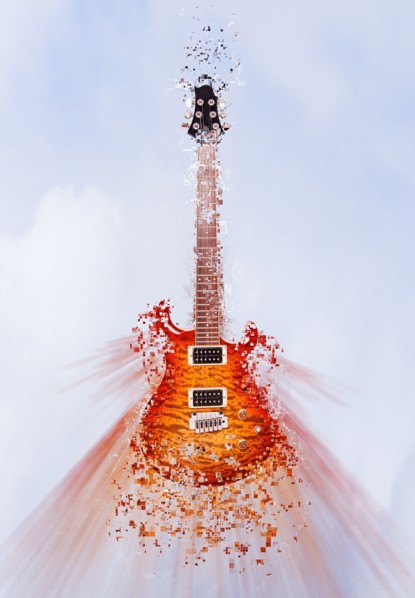 Pixelated guitar floating in sky