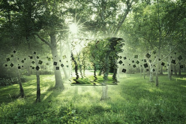 Pixelated image of trees in sunny forest