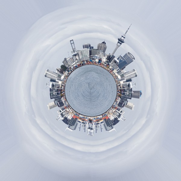 Cross section view of cityscape around globe