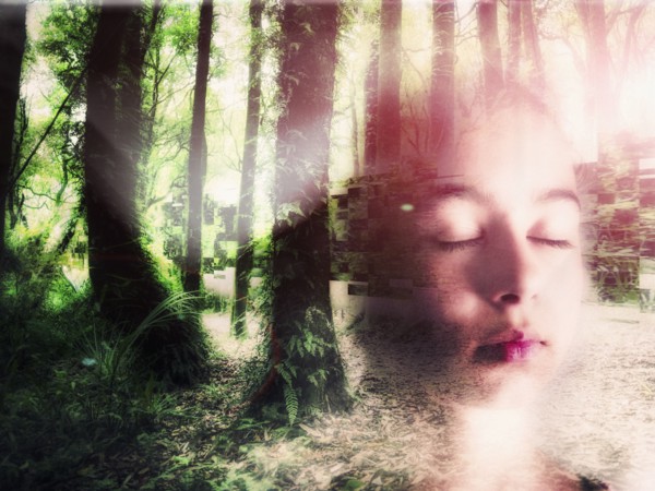 Double exposure of face of Mixed Race girl in forest