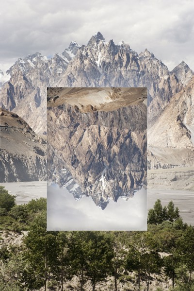 Glitch effect of mountains near river