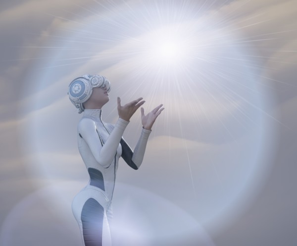 Woman using virtual reality helmet