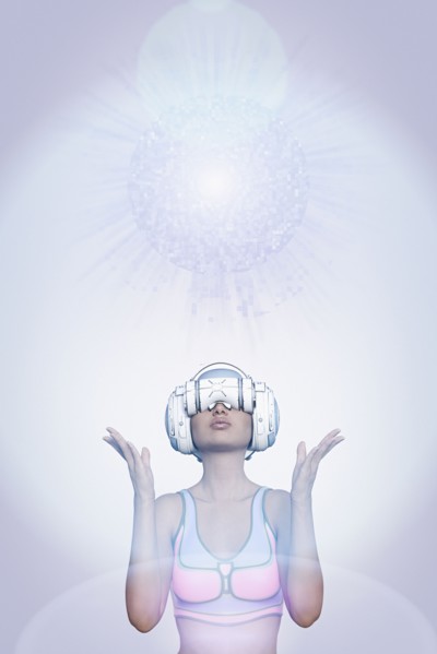 Woman using virtual reality helmet under pixelated sphere