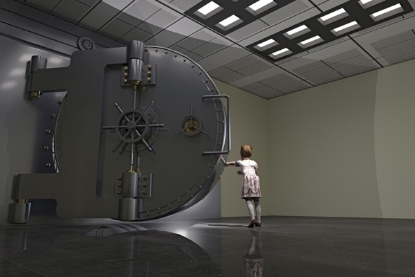 Girl opening vault door