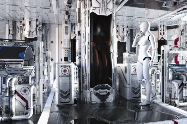 White female cyborg watching person in cylinder