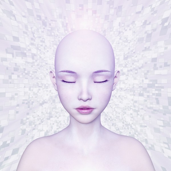Pixels beaming from shaved-head of futuristic girl
