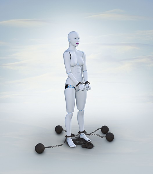 Woman robot in shackles