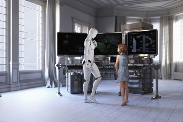 Woman robot and girl standing near computers