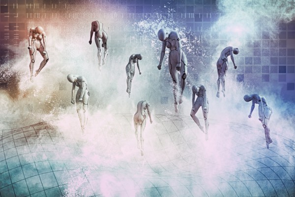 Woman robots floating above grid