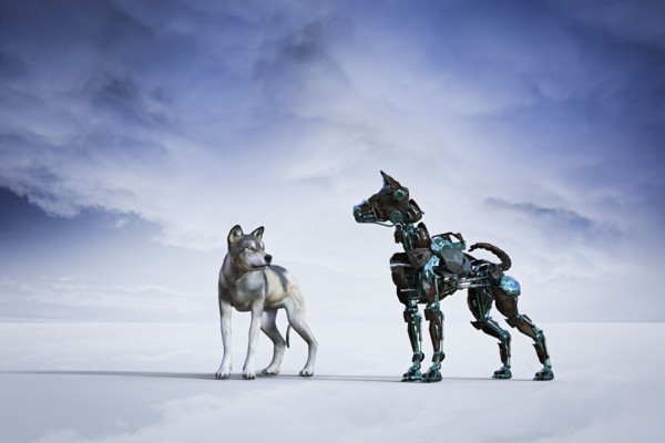 Dog looking at robot dog