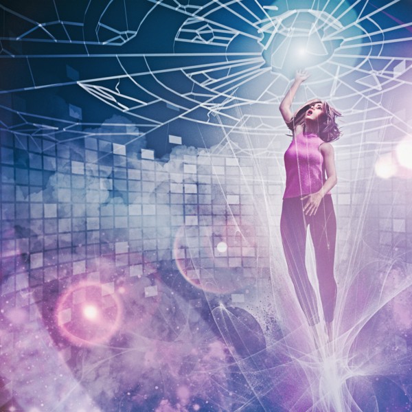 Businesswoman breaking through glass ceiling