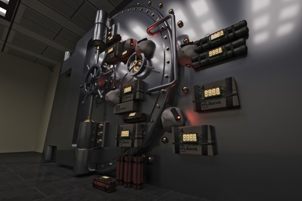 Explosives with timers on vault door