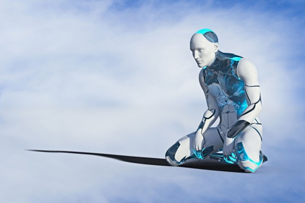Robot man kneeling on ground