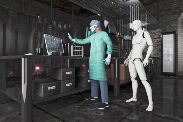 Surgeon using computer near robot woman