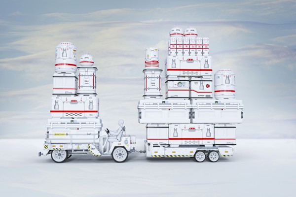 Robot transporting containers with tractor and trailer
