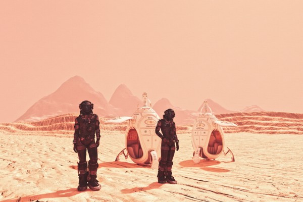 Futuristic space travelers near spaceships