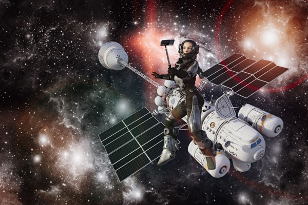 Woman astronaut posing for cell phone selfie during space walk