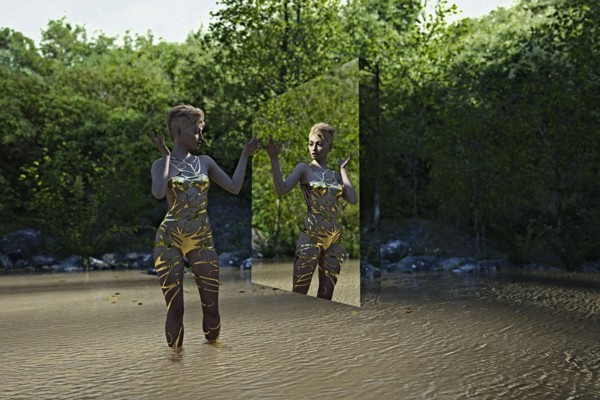 Reflection of woman in virtual mirror standing in river